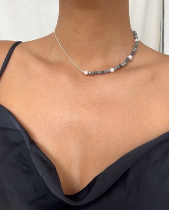 Collier en perle de Jaspe Picasso et Perle d'eau douce pour femme