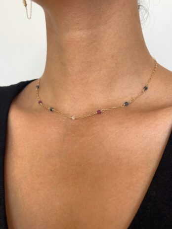 Collier Rubis, Emeraude, Saphir et Cristal de roche en Gold Filled