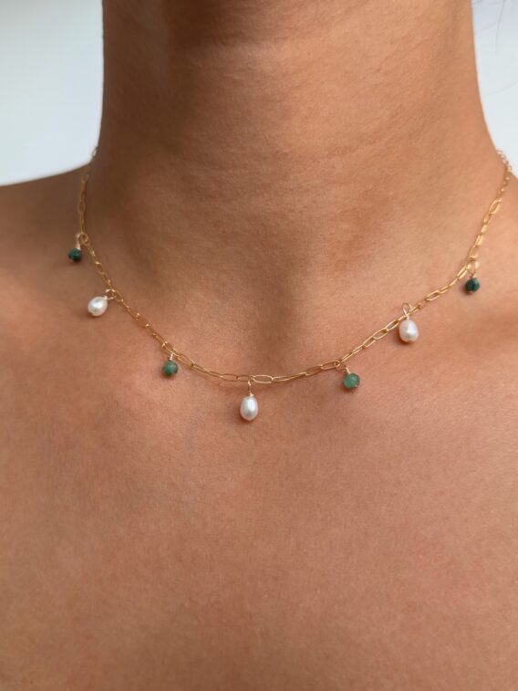 Collier ped et émeraude qui pend New 1 Collier perles d'eau douce et Emeraude en Gold Filled