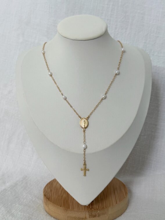 Collier ped croix et médaille Collier façon chapelet Perles d'eau douce en Gold Filled