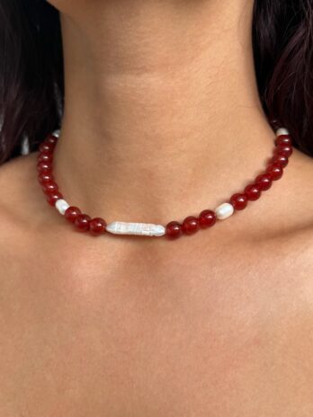 Collier Agate rouge et perles d'eau douce