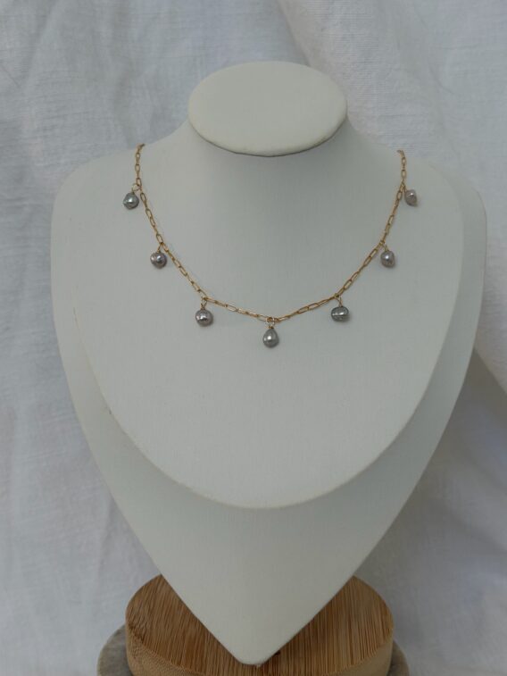 Collier ped grises qui pend bis Collier perles d'eau douce grise en Gold Filled